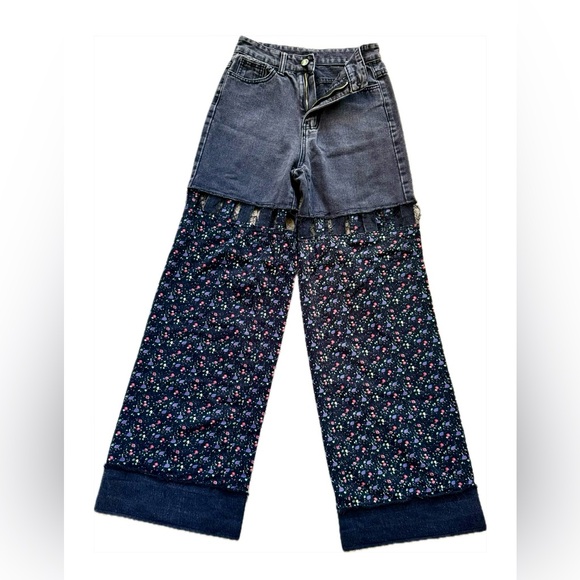 Upcycled Denim & Organic Cotton Floral Pants, Wide Leg Boho Patchwork Trousers S - Picture 11 of 15